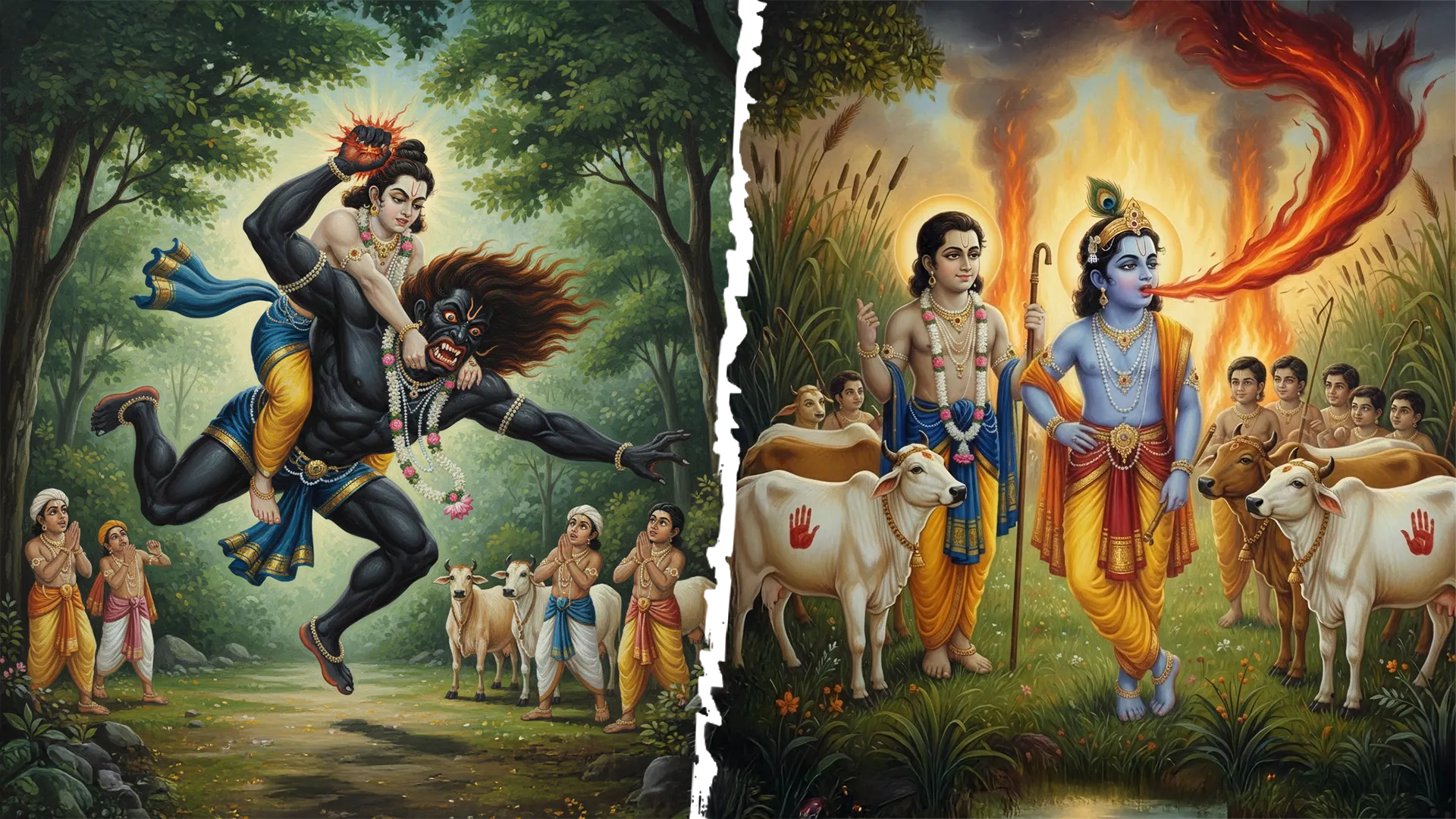 93- श्रीकृष्ण की लीला: कालिया नाग–गरुड़ की शत्रुता, प्रलम्बासुर वध और दावानल से गोपों-गायों की रक्षा